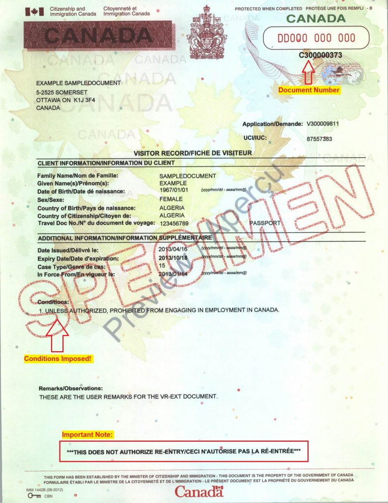 Visitor Record Canada - Not a Re-entry Document